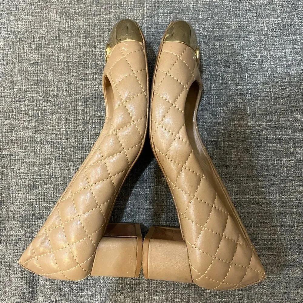 Tory Burch Kaitlin Quilted Leather Gold Cap-Toe Pumps Heels Women’s Size 5.5